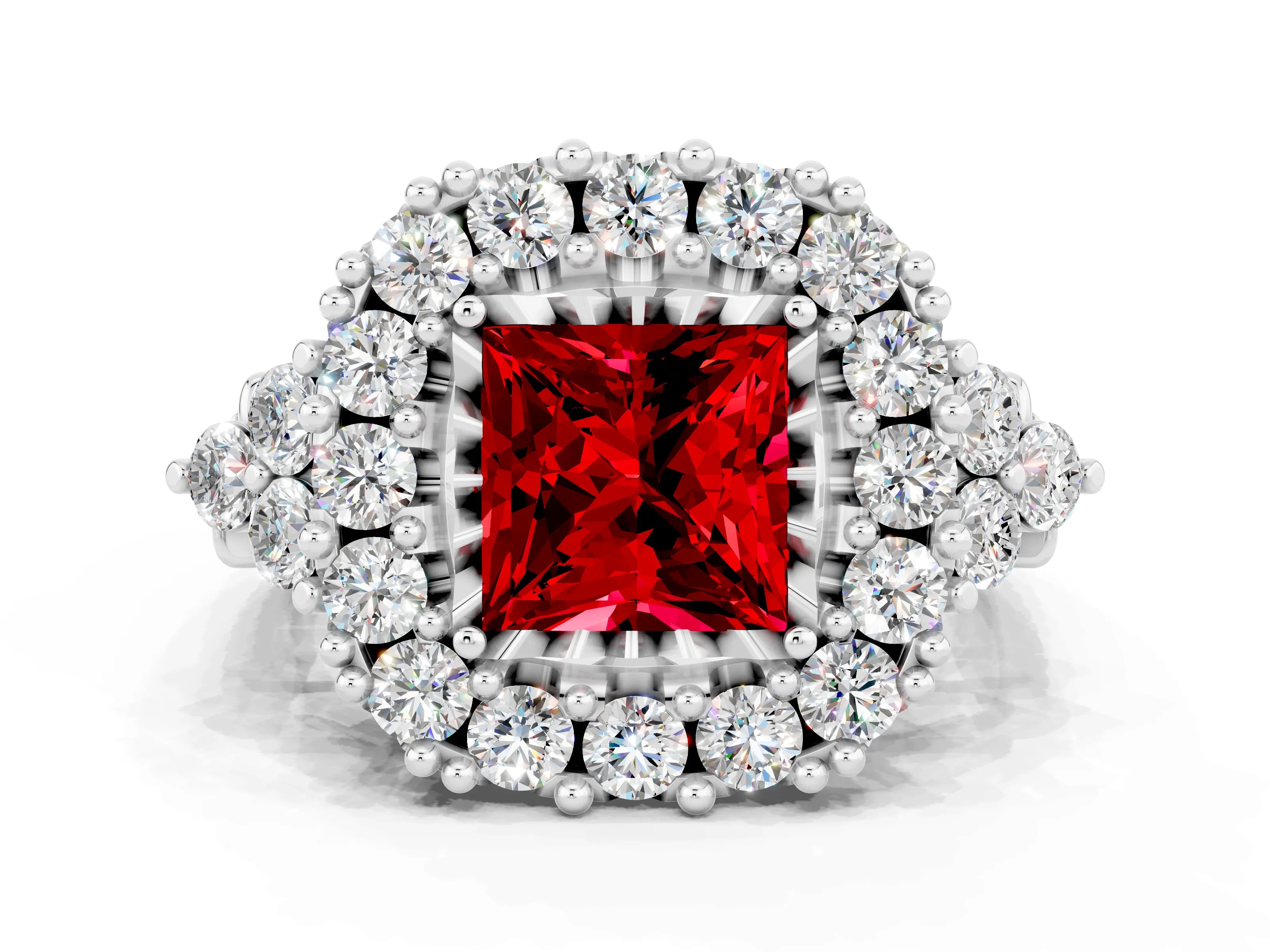 White gold Princess Cut Ruby Halo Ring with Pavé Band and Four-Prong Setting_12