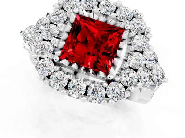 Platinum Princess Cut Ruby Halo Ring with Pavé Band and Four-Prong Setting