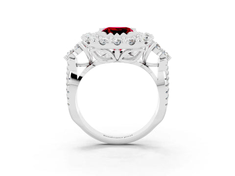 White gold Princess Cut Ruby Halo Ring with Pavé Band and Four-Prong Setting_15