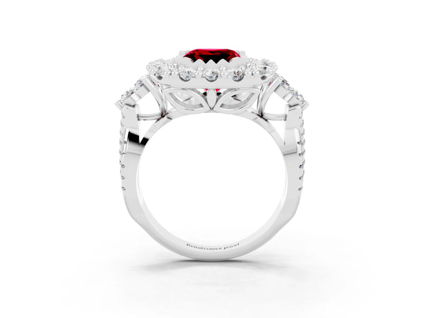 Silver Princess Cut Ruby Halo Ring with Pavé Band and Four-Prong Setting