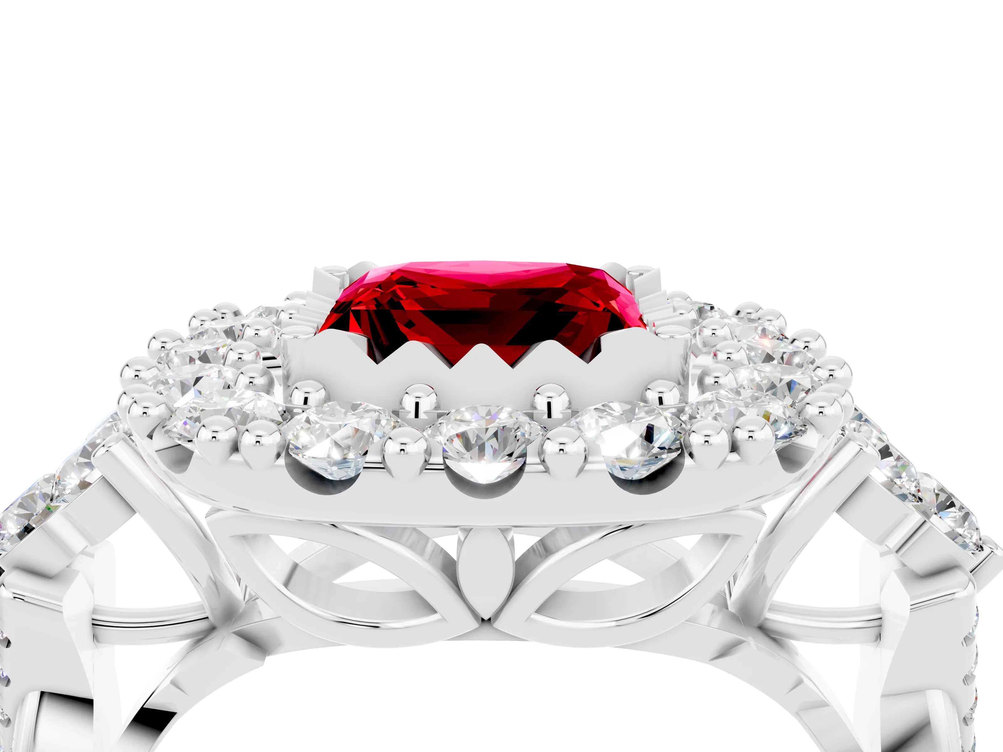 White gold Princess Cut Ruby Halo Ring with Pavé Band and Four-Prong Setting_16