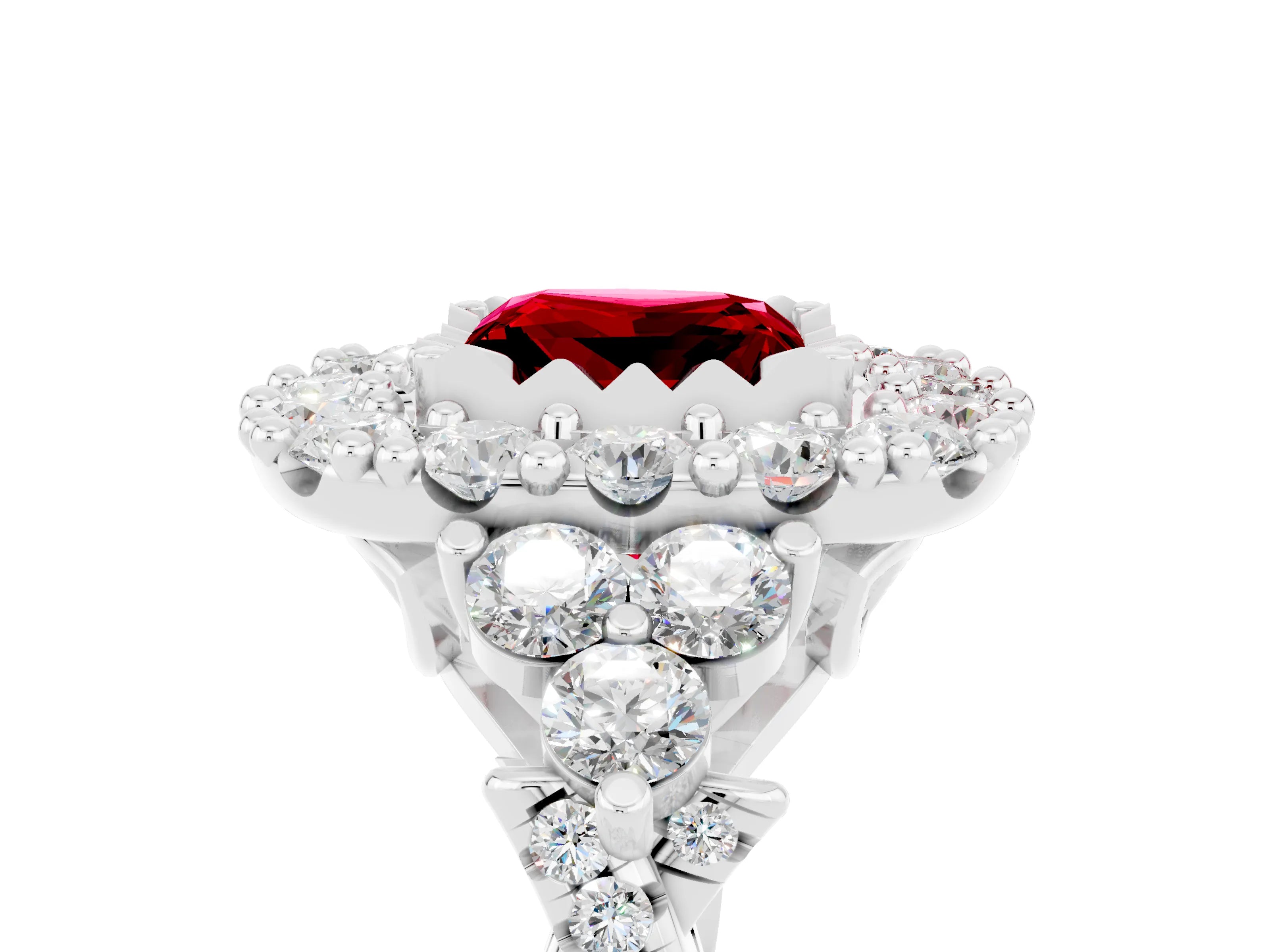 White gold Princess Cut Ruby Halo Ring with Pavé Band and Four-Prong Setting_17