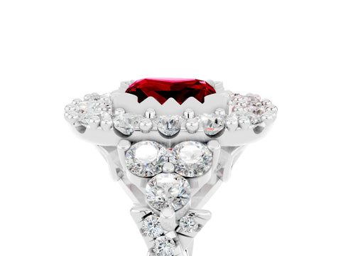 White gold Princess Cut Ruby Halo Ring with Pavé Band and Four-Prong Setting_17