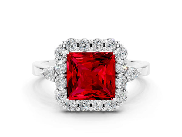 Silver Princess Cut Ruby Halo Ring with Pear Side Stones and Prong Setting