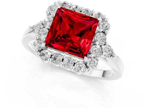 White gold Princess Cut Ruby Halo Ring with Pear Side Stones and Prong Setting