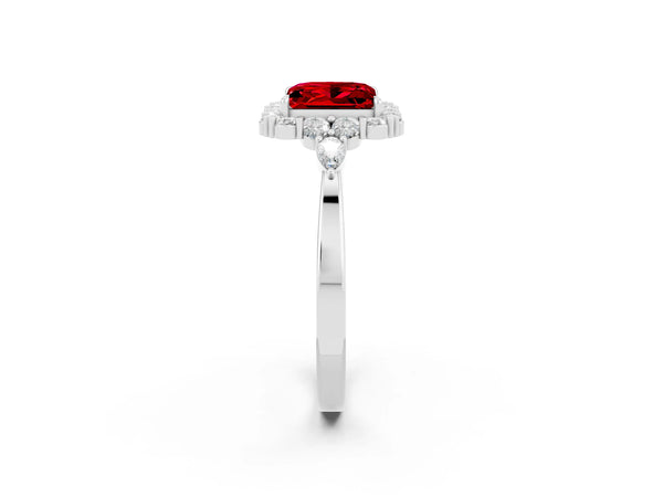 Silver Princess Cut Ruby Halo Ring with Pear Side Stones and Prong Setting
