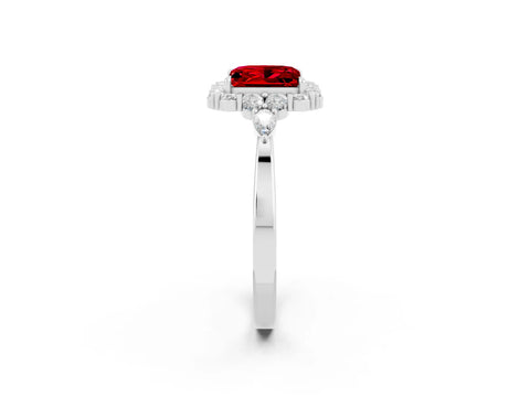 White gold Princess Cut Ruby Halo Ring with Pear Side Stones and Prong Setting_26