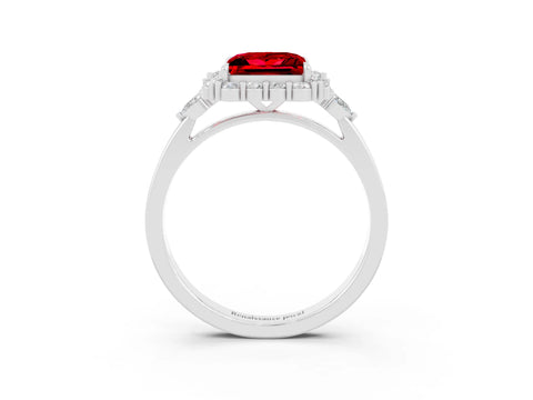 White gold Princess Cut Ruby Halo Ring with Pear Side Stones and Prong Setting_27