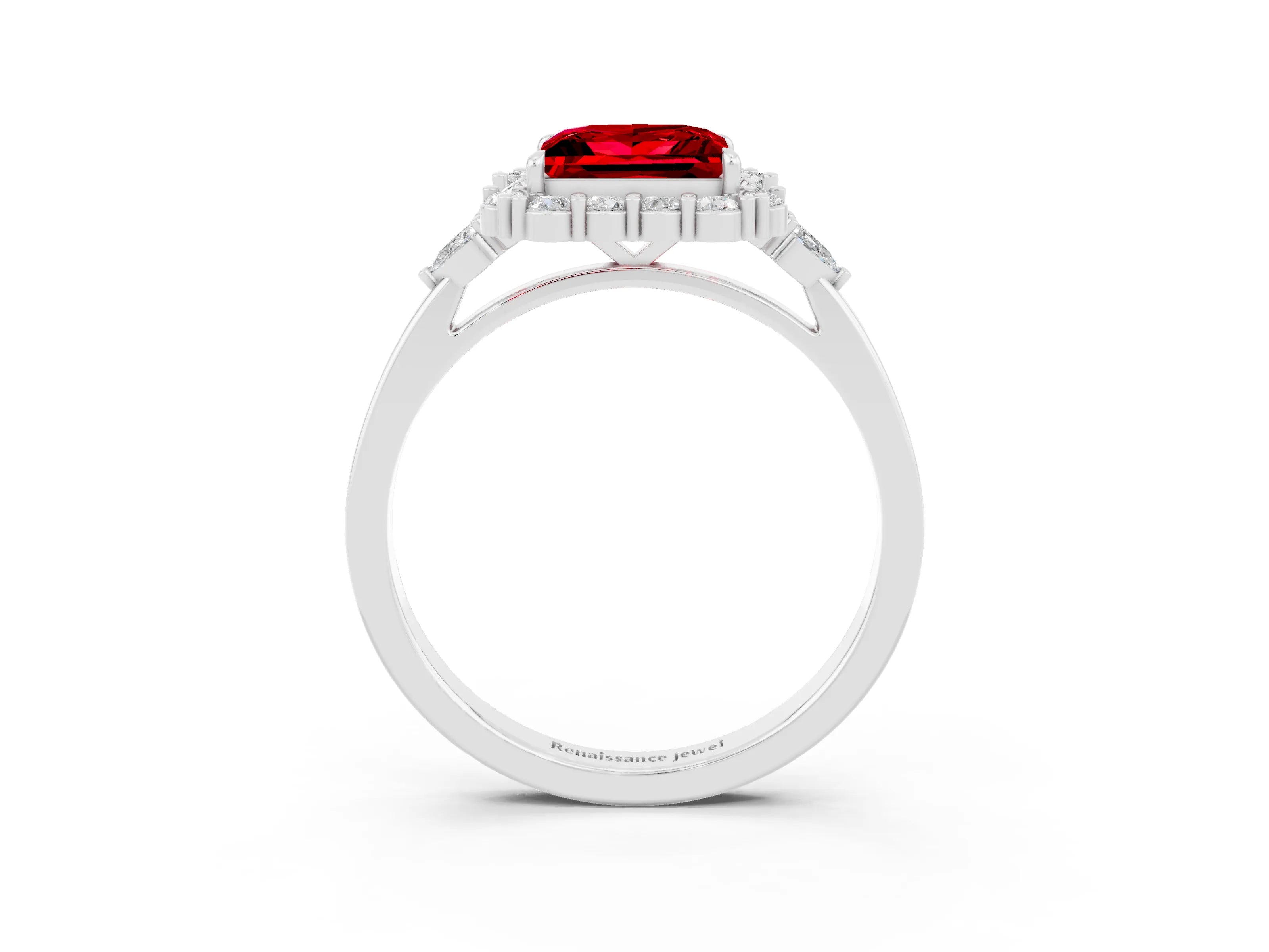 White gold Princess Cut Ruby Halo Ring with Pear Side Stones and Prong Setting_27