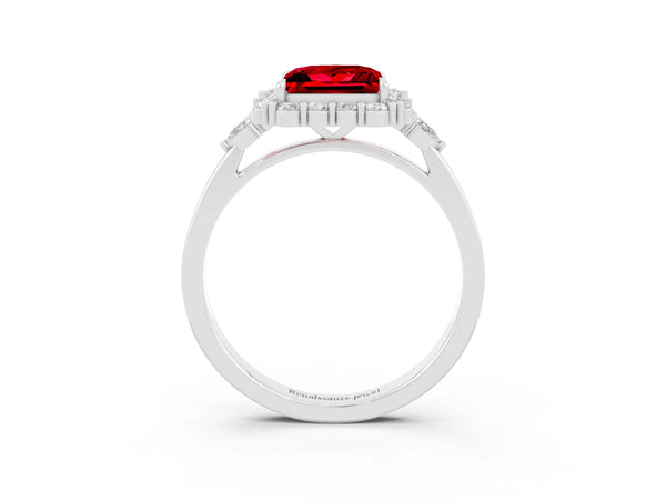White gold Princess Cut Ruby Halo Ring with Pear Side Stones and Prong Setting