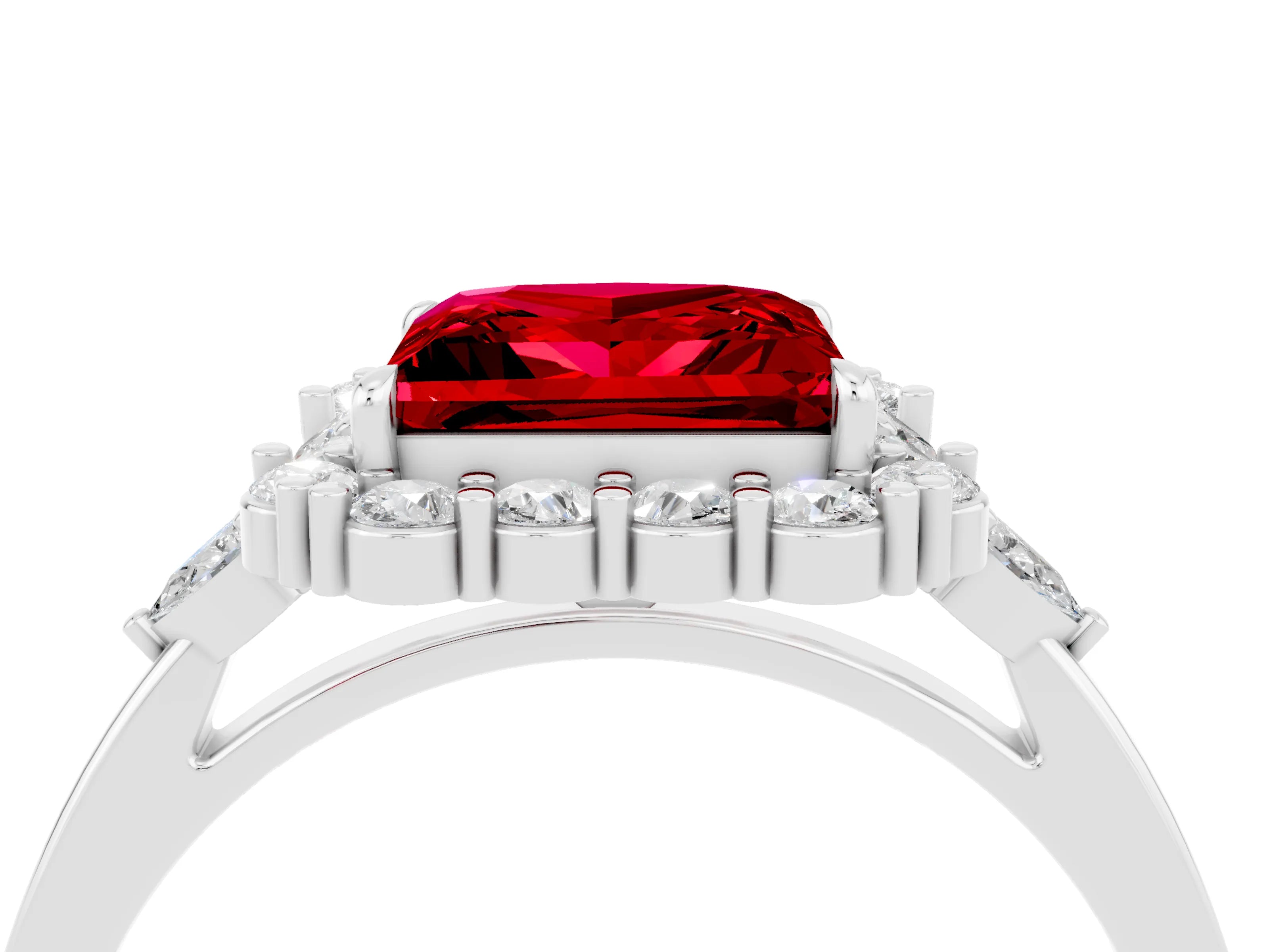 White gold Princess Cut Ruby Halo Ring with Pear Side Stones and Prong Setting_28