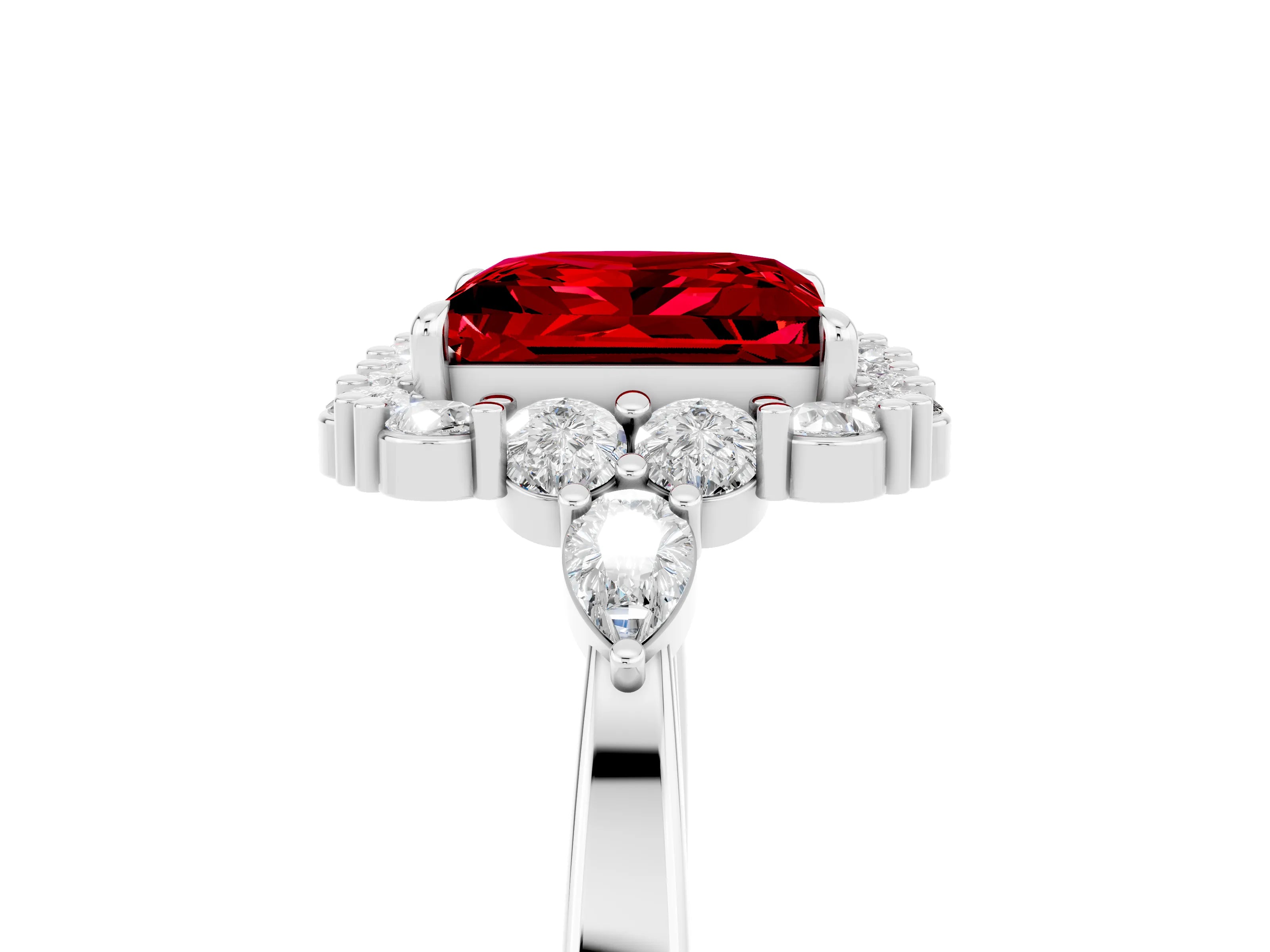 White gold Princess Cut Ruby Halo Ring with Pear Side Stones and Prong Setting_29