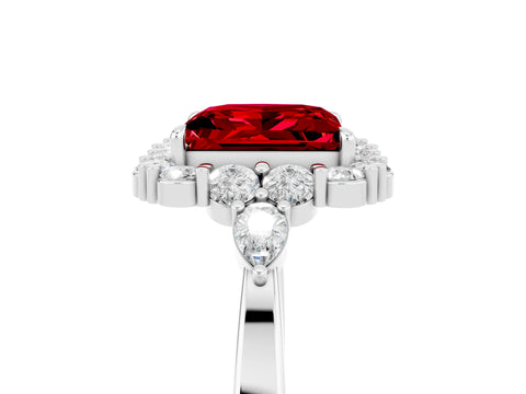 White gold Princess Cut Ruby Halo Ring with Pear Side Stones and Prong Setting_29