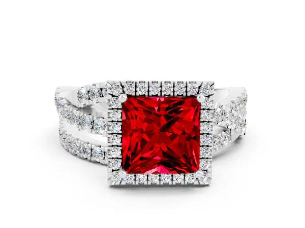 Platinum Princess Cut Ruby Halo Ring with Round Split Shank and Prong Setting