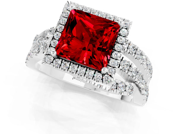 White gold Princess Cut Ruby Halo Ring with Round Split Shank and Prong Setting