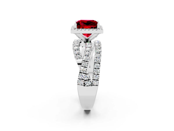 Platinum Princess Cut Ruby Halo Ring with Round Split Shank and Prong Setting