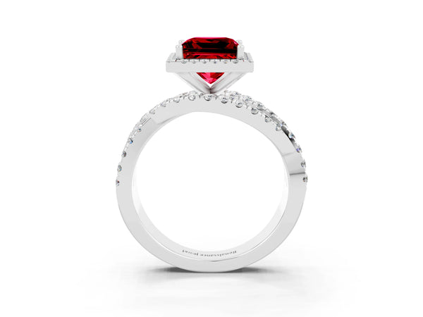 Platinum Princess Cut Ruby Halo Ring with Round Split Shank and Prong Setting