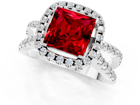 White gold Princess Cut Ruby Halo Ring with Split Shank Pavé Band and Prong Setting_1