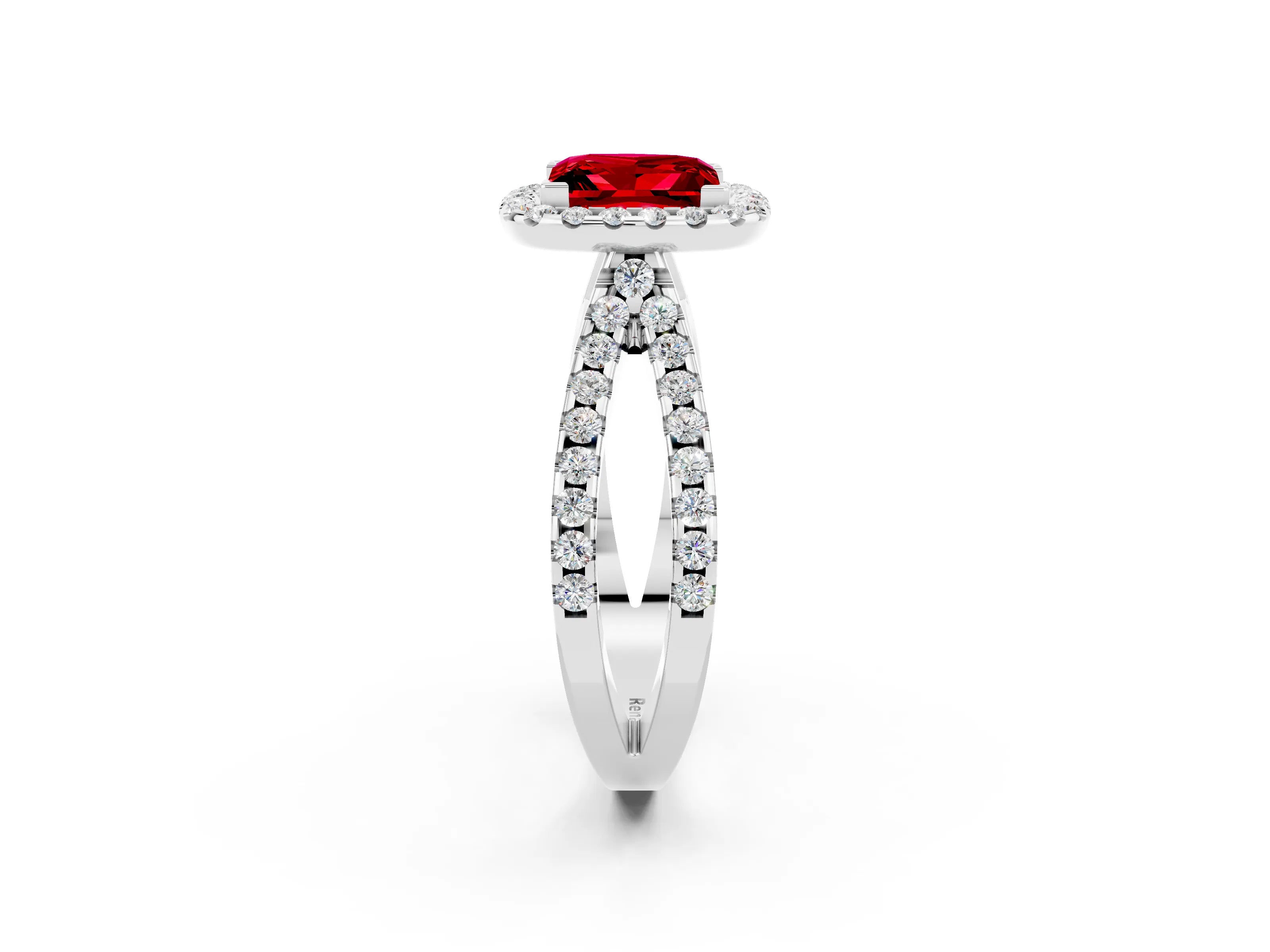 White gold Princess Cut Ruby Halo Ring with Split Shank Pavé Band and Prong Setting_2