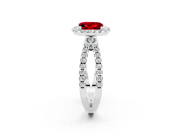 Platinum Princess Cut Ruby Halo Ring with Split Shank Pavé Band and Prong Setting