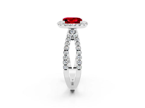 White gold Princess Cut Ruby Halo Ring with Split Shank Pavé Band and Prong Setting_2
