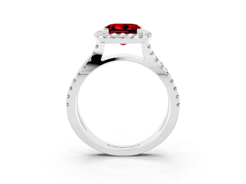 White gold Princess Cut Ruby Halo Ring with Split Shank Pavé Band and Prong Setting_3