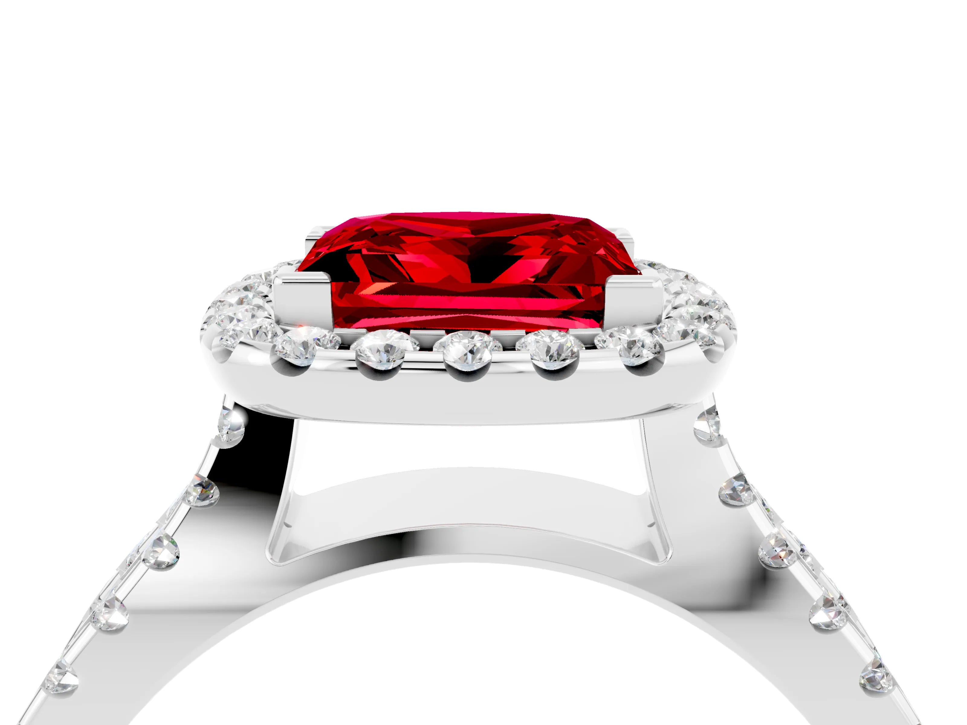 White gold Princess Cut Ruby Halo Ring with Split Shank Pavé Band and Prong Setting_4