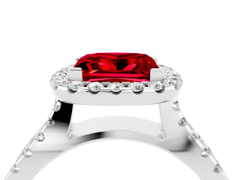 White gold Princess Cut Ruby Halo Ring with Split Shank Pavé Band and Prong Setting_4