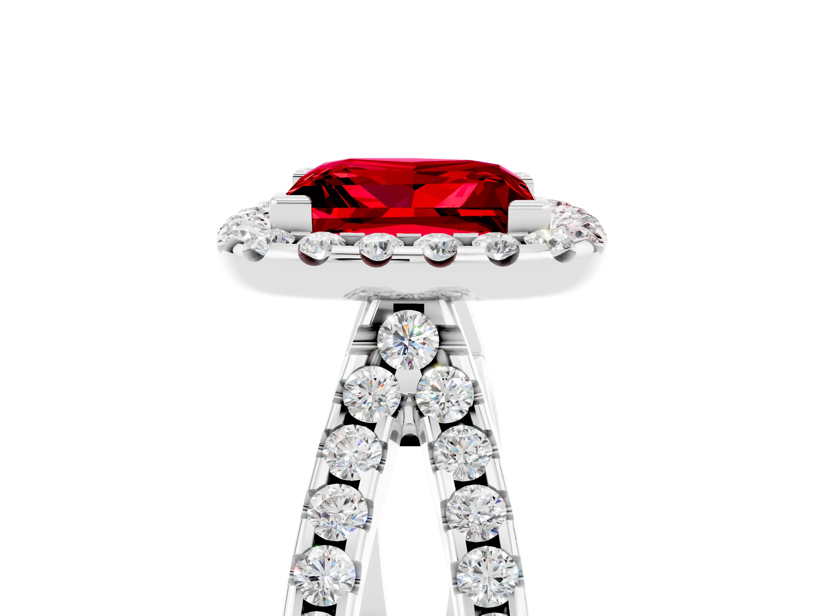 White gold Princess Cut Ruby Halo Ring with Split Shank Pavé Band and Prong Setting_5