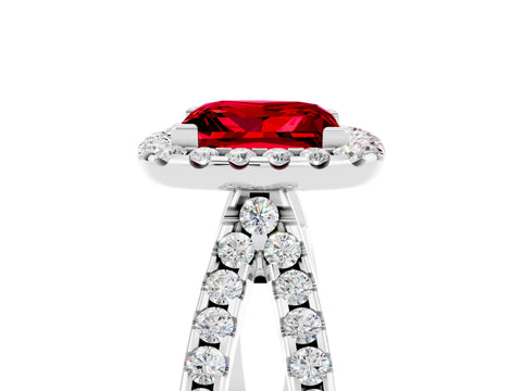 White gold Princess Cut Ruby Halo Ring with Split Shank Pavé Band and Prong Setting_5