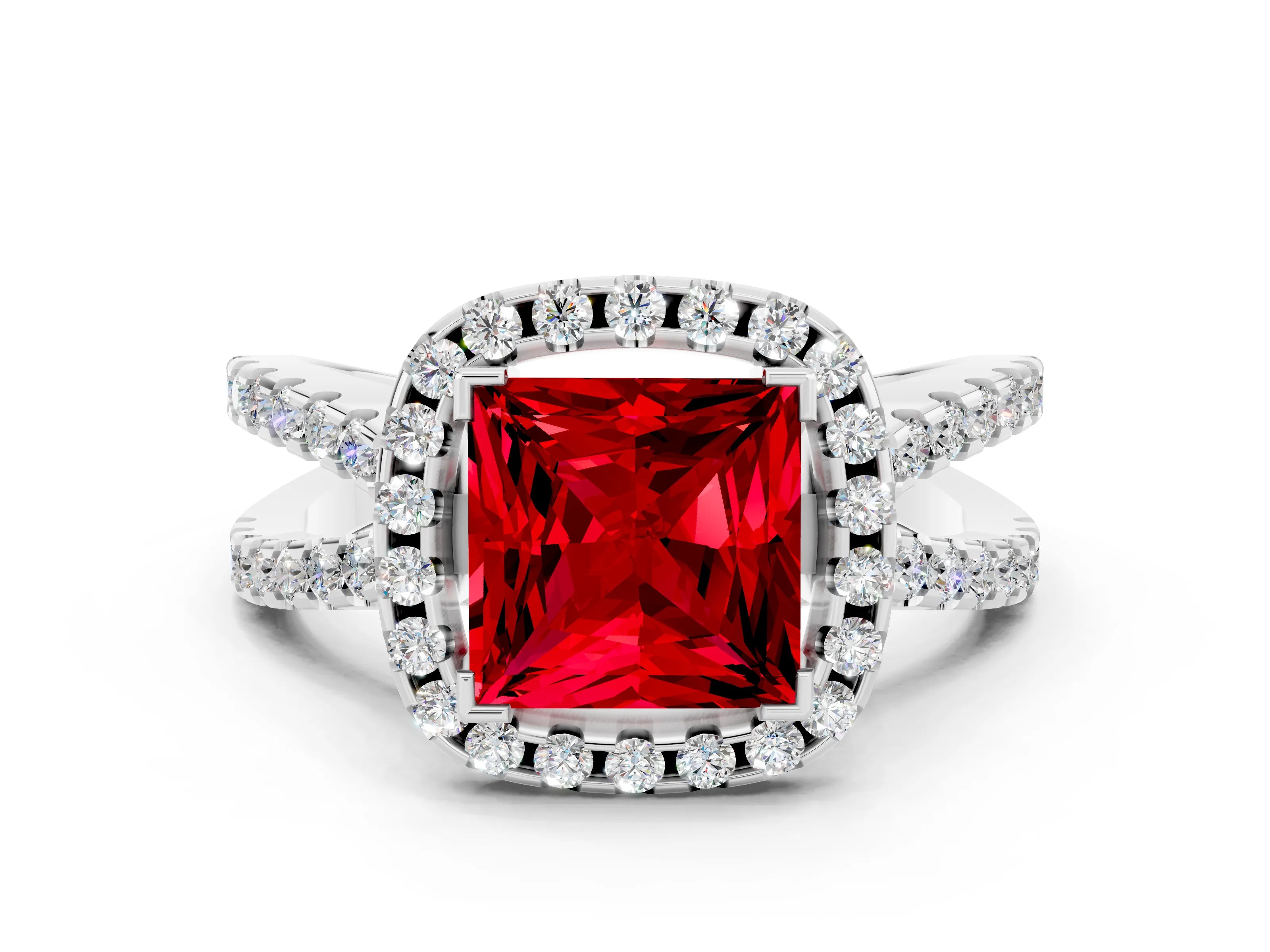 White gold Princess Cut Ruby Halo Ring with Split Shank Pavé Band and Prong Setting