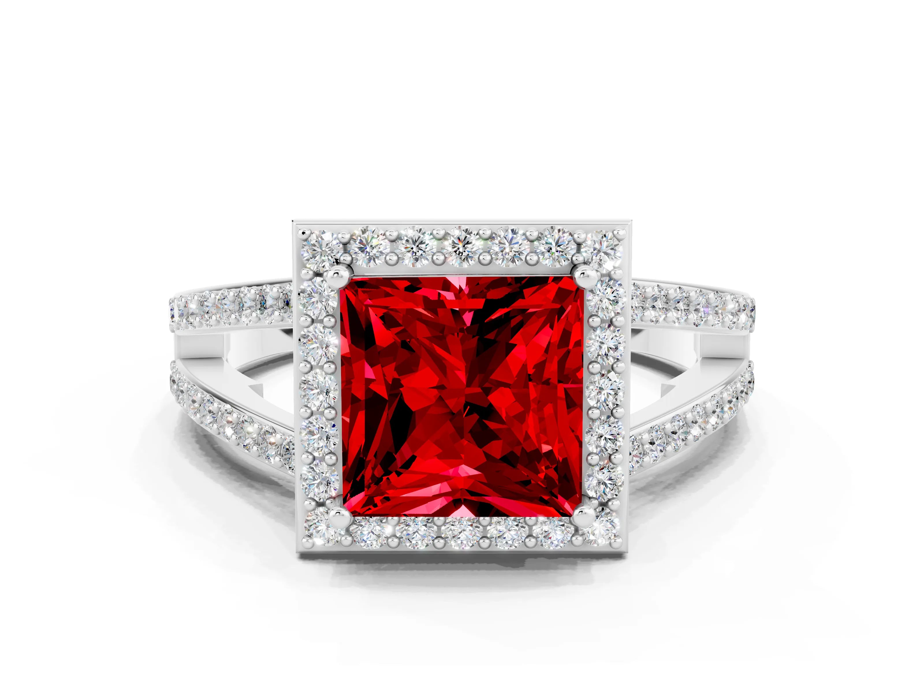 White gold Princess Cut Ruby Halo Ring with Split Shank U-Prong Band and Four-Prong Setting