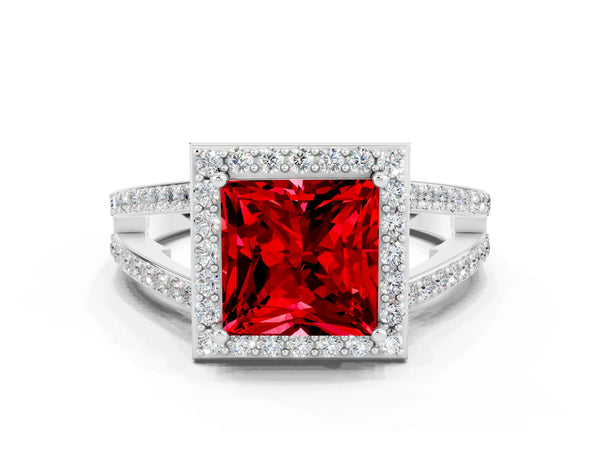Platinum Princess Cut Ruby Halo Ring with Split Shank U-Prong Band and Four-Prong Setting