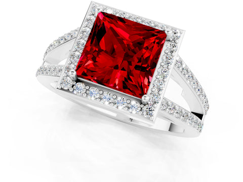 White gold Princess Cut Ruby Halo Ring with Split Shank U-Prong Band and Four-Prong Setting_1