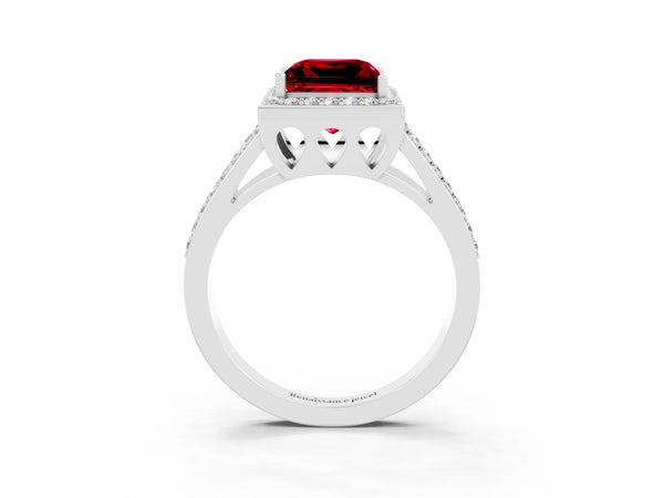 Platinum Princess Cut Ruby Halo Ring with Split Shank U-Prong Band and Four-Prong Setting