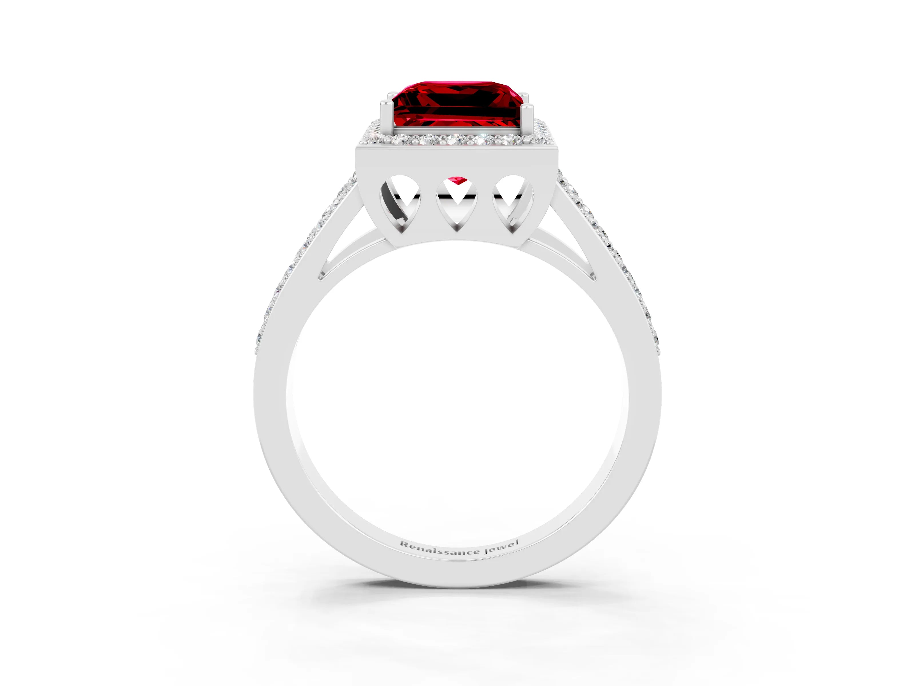 White gold Princess Cut Ruby Halo Ring with Split Shank U-Prong Band and Four-Prong Setting_3