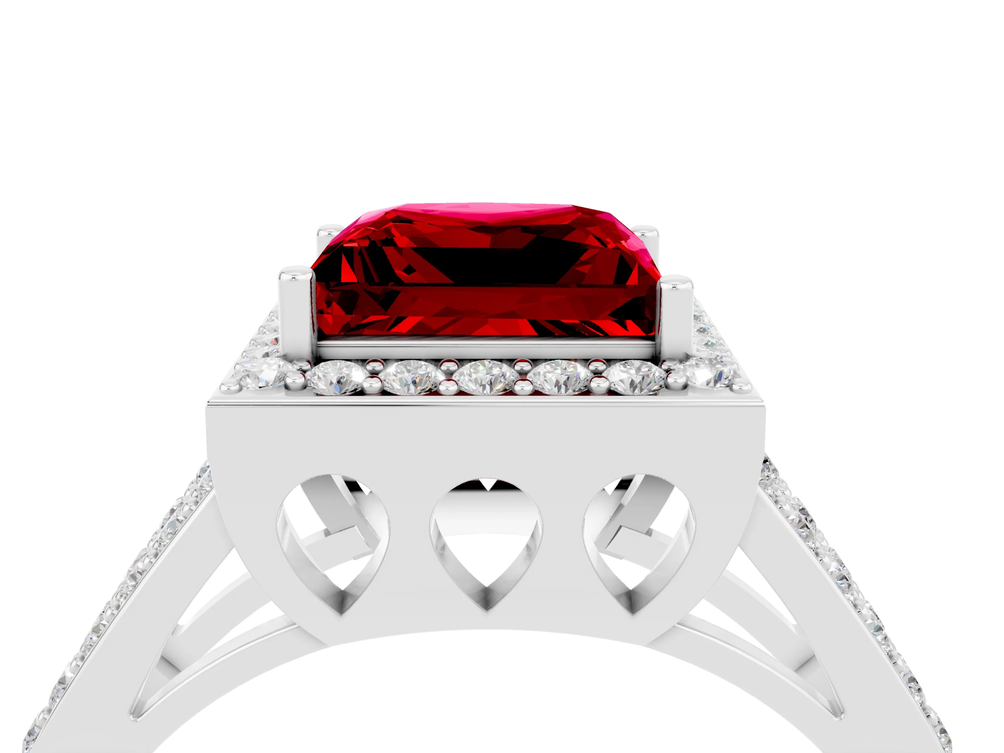 White gold Princess Cut Ruby Halo Ring with Split Shank U-Prong Band and Four-Prong Setting_4