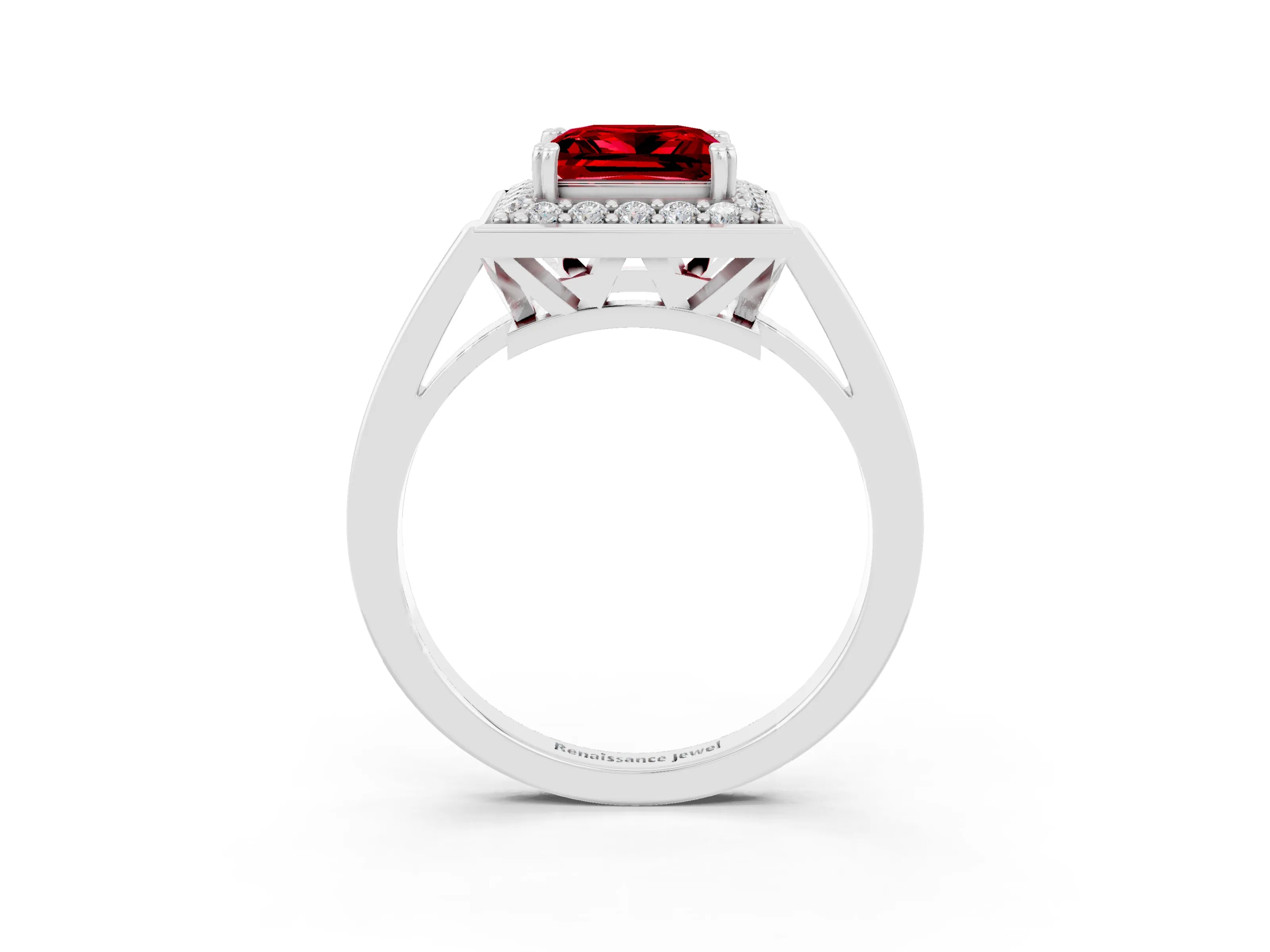 White gold Princess Cut Ruby Halo Ring with Split Shank and Four-Prong Setting_10