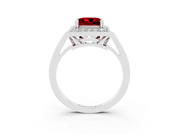 Silver Princess Cut Ruby Halo Ring with Split Shank and Four-Prong Setting
