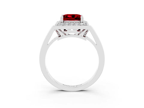 White gold Princess Cut Ruby Halo Ring with Split Shank and Four-Prong Setting_10