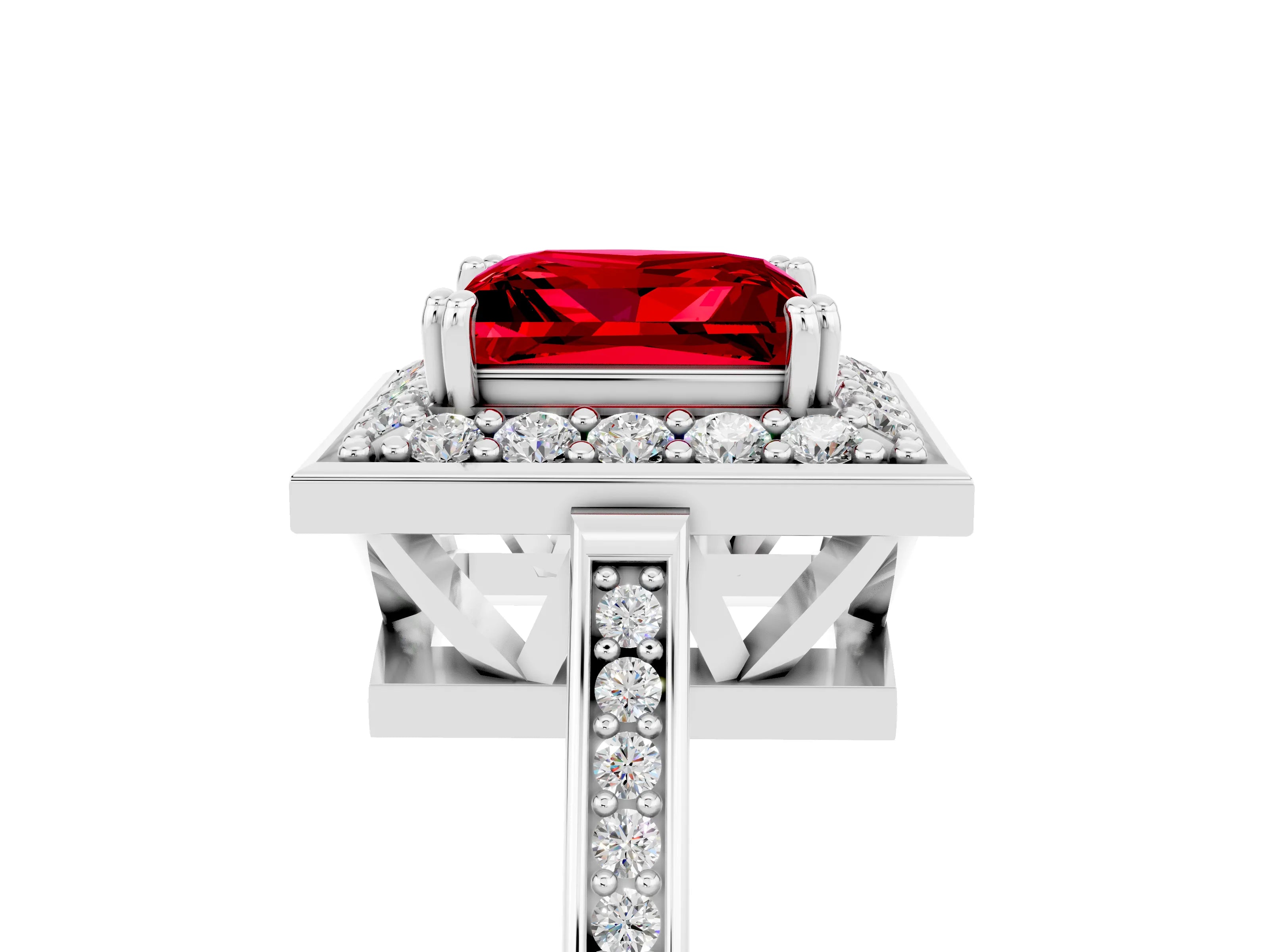 White gold Princess Cut Ruby Halo Ring with Split Shank and Four-Prong Setting_12