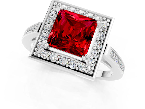 Platinum Princess Cut Ruby Halo Ring with Split Shank and Four-Prong Setting
