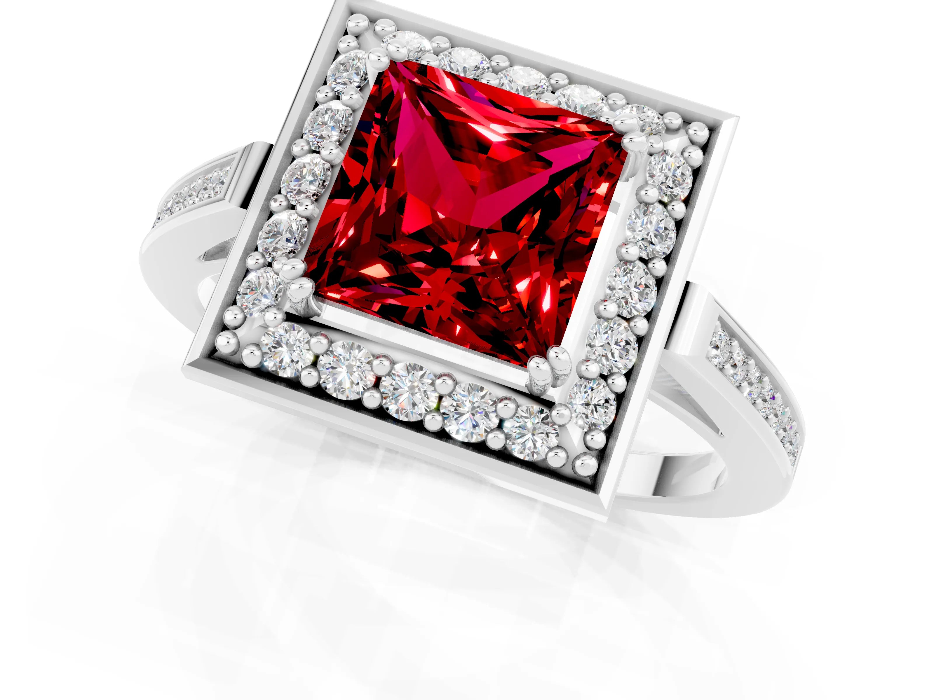 White gold Princess Cut Ruby Halo Ring with Split Shank and Four-Prong Setting_13