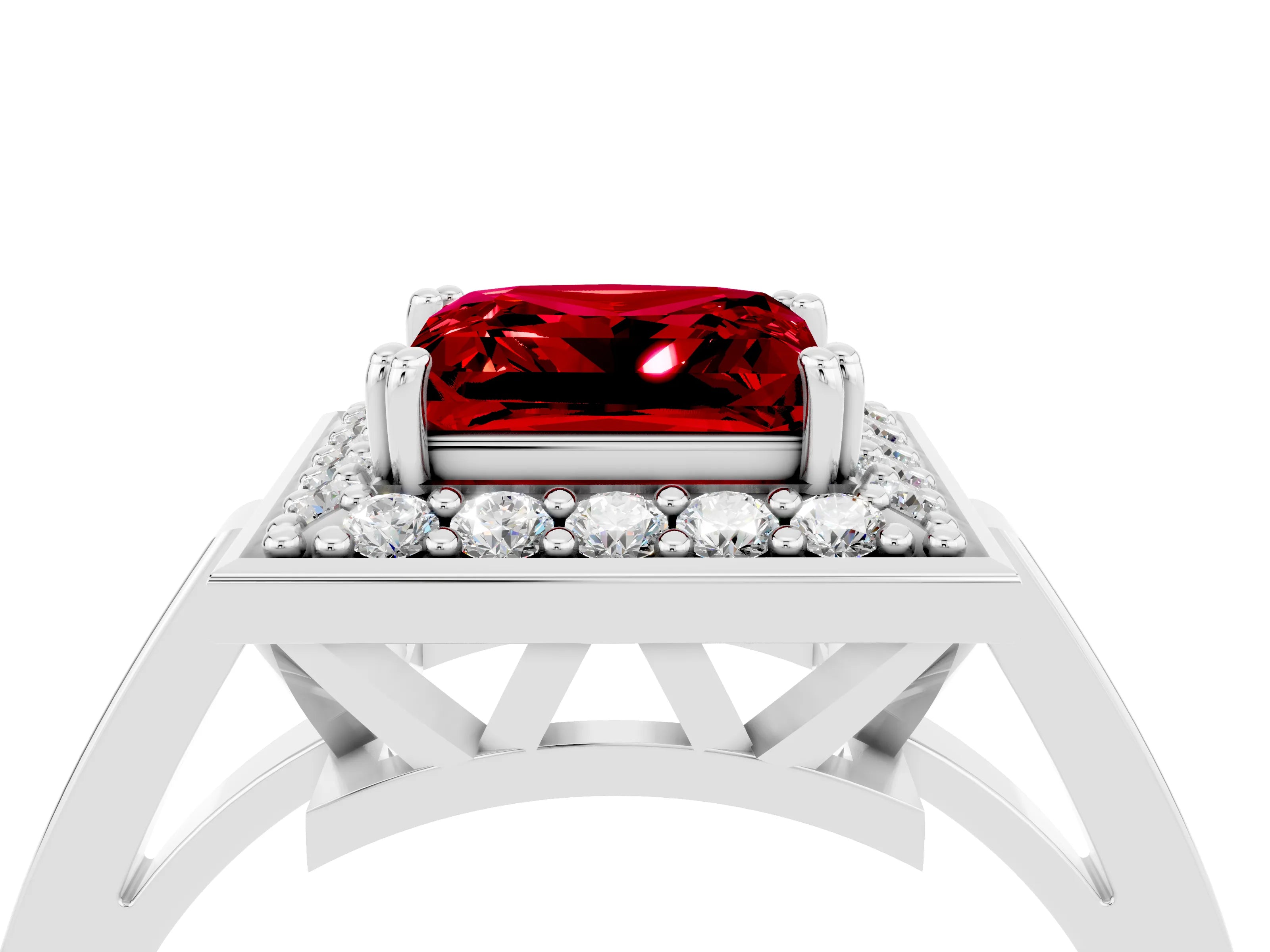 White gold Princess Cut Ruby Halo Ring with Split Shank and Four-Prong Setting_16
