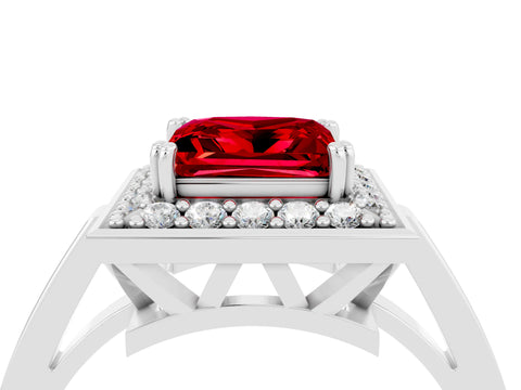 White gold Princess Cut Ruby Halo Ring with Split Shank and Four-Prong Setting_16