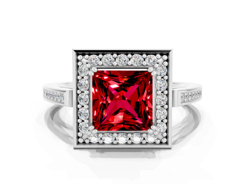 White gold Princess Cut Ruby Halo Ring with Split Shank and Four-Prong Setting_24