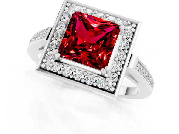 Platinum Princess Cut Ruby Halo Ring with Split Shank and Four-Prong Setting