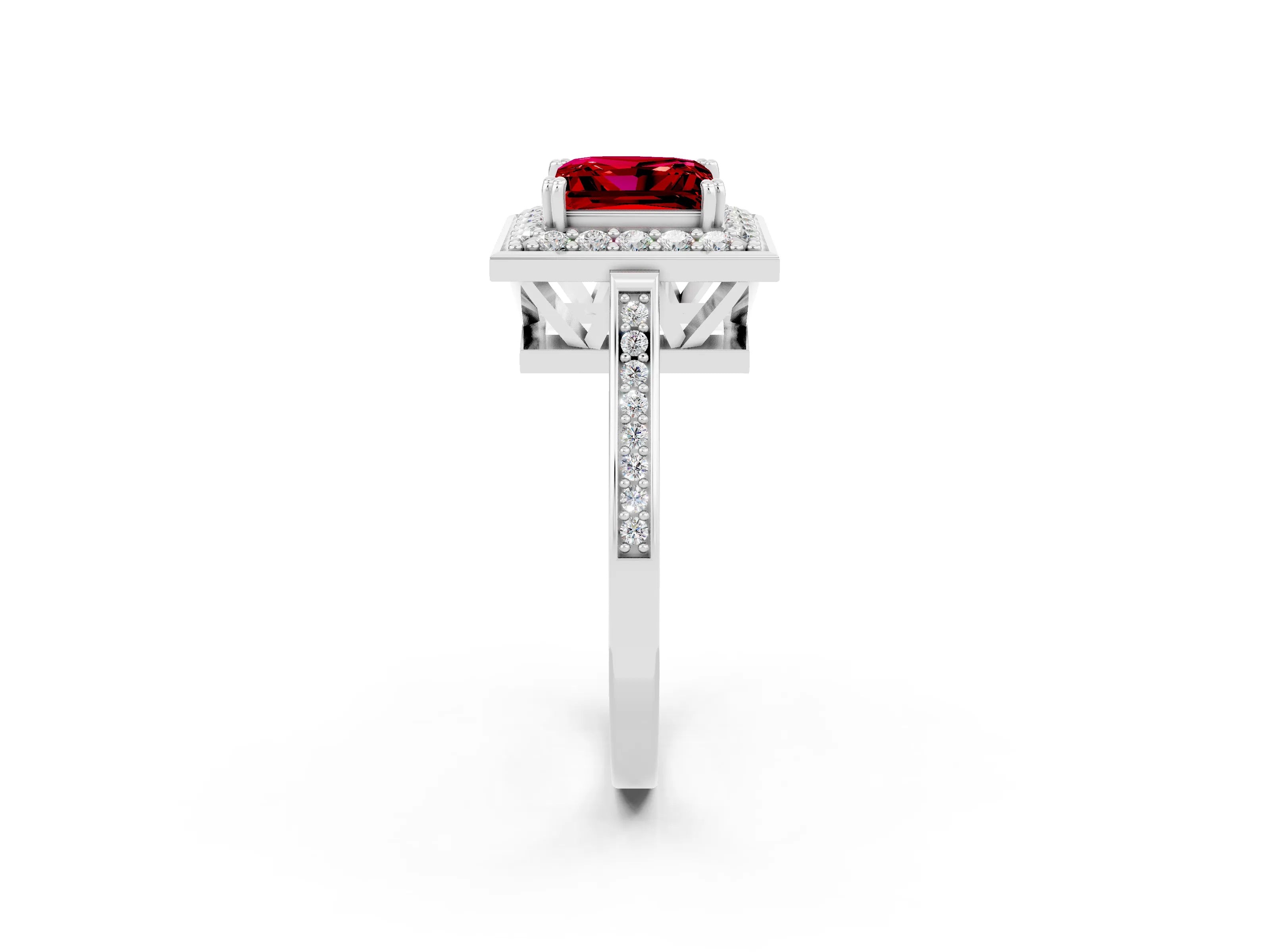 White gold Princess Cut Ruby Halo Ring with Split Shank and Four-Prong Setting_26