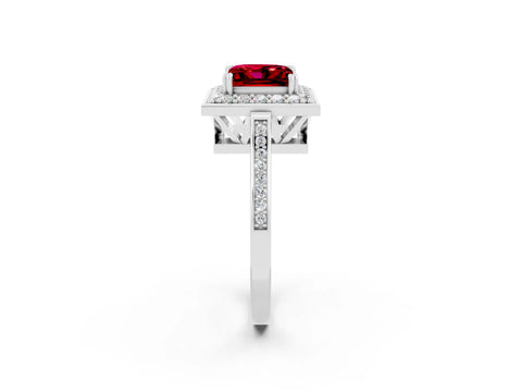 White gold Princess Cut Ruby Halo Ring with Split Shank and Four-Prong Setting_26