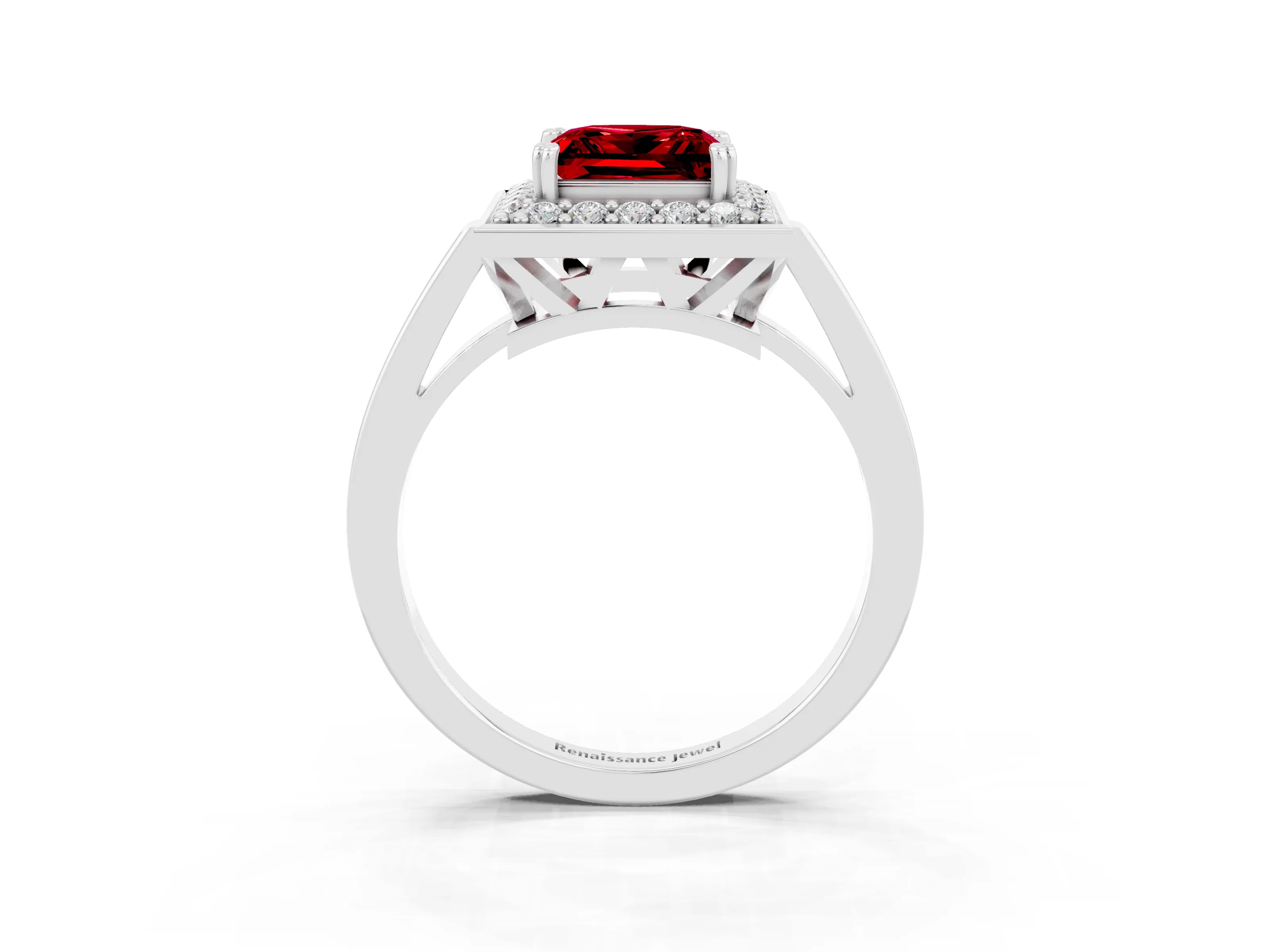 White gold Princess Cut Ruby Halo Ring with Split Shank and Four-Prong Setting_27